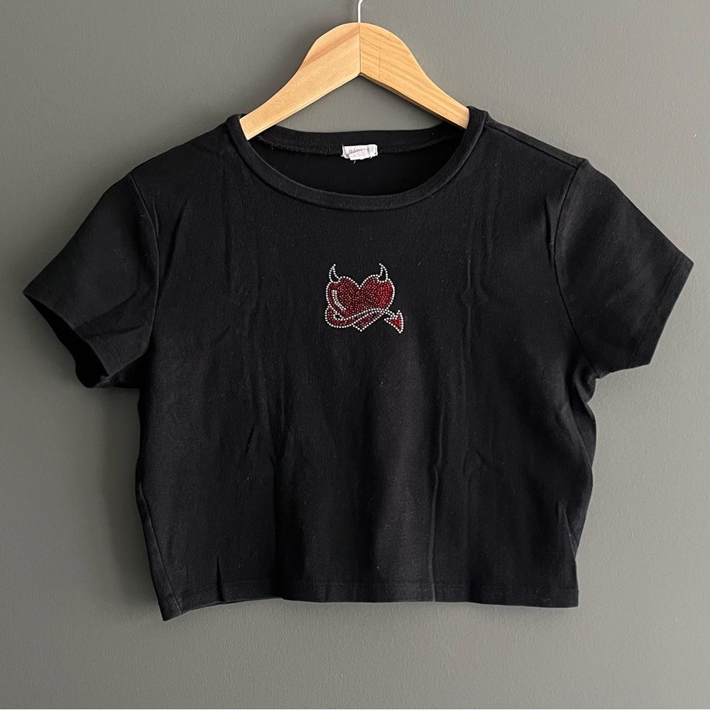Black Crop Top with Red Devil Heart Embroidery
